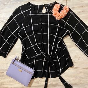 Keyhole Grid Blouse with Tie Front
